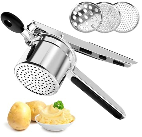 Potato Ricer, Heavy Duty Potato Masher Large15oz Stainless Steel Potato Press with 3 Interchangeable Discs & Ergonomic Handle for Smooth Mashed Potatoes, Baby Food
