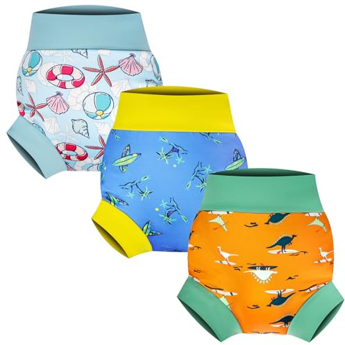 FLYISH DIRECT Pañal de Natación Reutilizables, 3 Paquetes de Pañales para Piscina para bebés y niños, Pañal Bañador a Prueba de Fugas para Niños y Niñas, Aventura en el Océano, S/1-2 años
