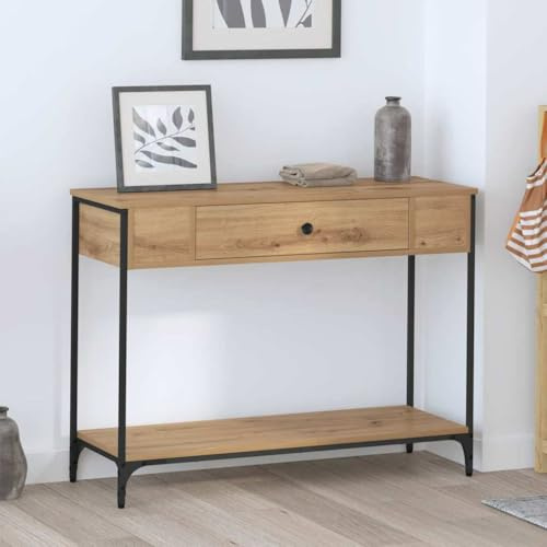 HETFTJN Konsolentisch Eiche handwerklich 100 x 34,5 x 75 cm mit 2 Schubladen & großzügigen Regalen Massive Spanplatte rustikal Modernes Design Stauraum für Wohnzimmer Flur und Schlafzimmer