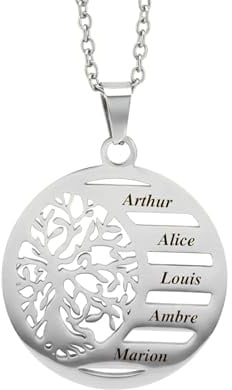 Collier Arbre de Vie Personnalisé (1 à 5 Prénoms) – Pendentif Famille Gravé – Idée Cadeau Femme & Maman – Expédié depuis la France – Finition Dorée ou Argentée