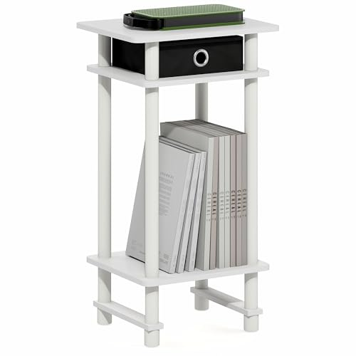 Furinno TURN-N-TUBE Side Table, 3-Tier Tall Narrow Modern End Table with Storage Bin, Open Shelf Night Stand, Bedside Table, Toolless Assembly, for Living Room, Bedroom, White