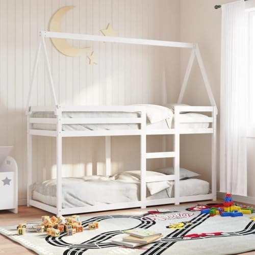 RCODSSK Massivholz Etagenbett mit Dach Weiß 90x200 cm für kleine Räume mit Leitplanken und Dachgestell