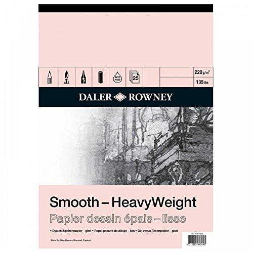 Daler-Rowney Smooth, Drawing Paper, Smooth Surface, 220 gsm, 135lb, Pad, Glued 1 Side, Heavyweight, A2 - approx. 16.5 x 23.4in - 42 x 59.4 cm, Natural White, 25 Sheets