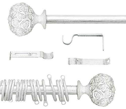 Gardinenstange Ausziehbar , Vorhangstange Gardinenstange variable Länge Landhaus Shabby Chic - Rosen Prägemuster - 160-300 - Durchmesser 2 cm - Weiß / Silber - Metall