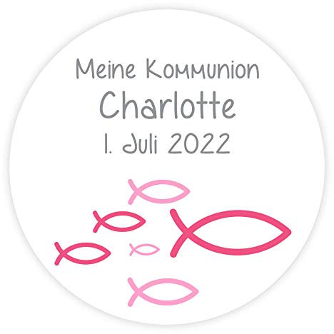 Aufkleber Fisch pink personalisiert für Kommunion, Konfirmation & Taufe - 24 Stück 4 cm