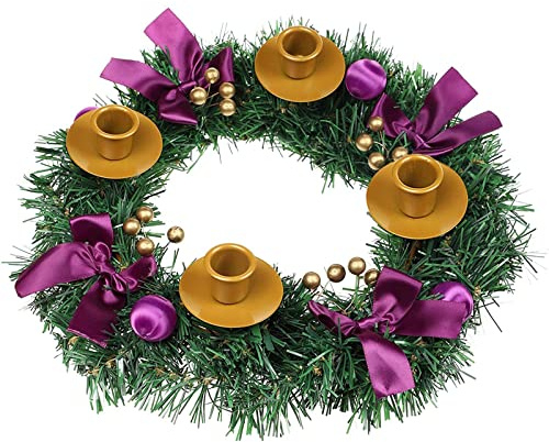 MorTime 35,6 cm Weihnachtskranz Kerzenhalter Ring Weihnachten Kerzenständer Dekoration mit Glitzer Beeren Lila Schleifen und Weihnachtskugeln für Winterferien Heimdekoration