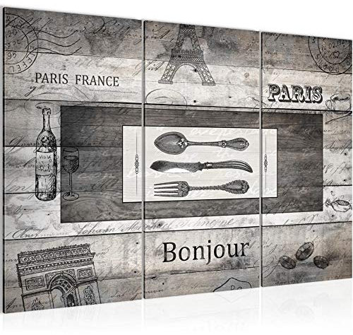 Runa Art Bois De Cuisine Peinture Tableau Salon XXL gris Coutellerie vintage 120 x 80 cm 3 parties Decoration Murale 038031c