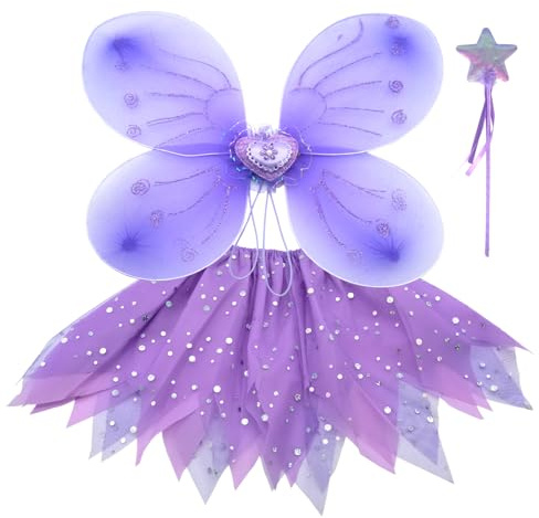 EQLEF Costume Farfalla, vestito da tutu Set di ali di farfalla Costume da principessa fata viola per ragazze Dress Up Party 3Pcs (Viola)