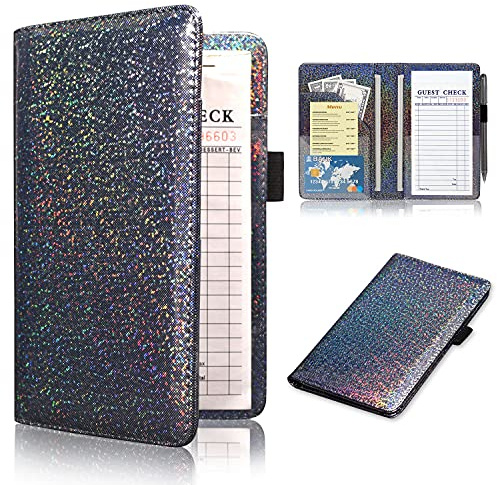 ACdream Livres de serveur pour serveuse, carnet d'or, carnet de notes, joli portefeuille en cuir, porte-monnaie, support de reçus, accessoires de serveur, paillettes noires