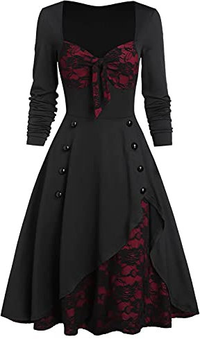Graceyo Damen Mittelalter Kleid Gothic Kleider, Steampunk Gitter A-Line Partykleider Lace Up Karneval Party Halloween Kostüm Cosplay Kostume Festkleid Vintage Langarmkleid Damenkleid, XL, 4-rot