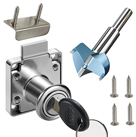 Cabinet Drawer Locks & Forstner Drill Bit (Drill Diameter 0.79/20mm) Furniture Locker Locks Wardrobe Locks All lock keys are independent Suitable for door panels 17-22 mm thick. [Silver]