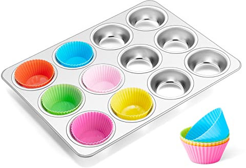 Homikit Muffinform, Edelstahl Muffin Backform für 12 Muffins, 36 x 26.5 x 3 cm Muffinblech mit 12er Silikon Cupcake Formen für Muffins Cupcakes Pudding Brownies, Ungiftig & Gesund, Spülmaschinenfest