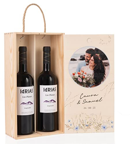 Wanapix | Coffret à vin personnalisé avec bouteille | Cadeau original pour mariages et anniversaires | Vin bio | Double compartiment | Étui personnalisable | Rouge