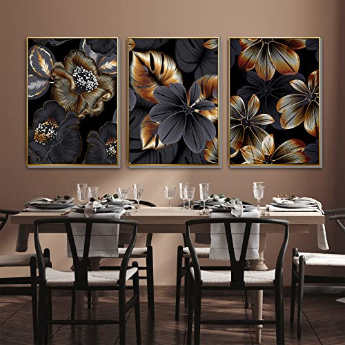 ConBlom 3er Set Designer Leinwand Poster Wandbilder, Abstrakt Schwarz Goldenes Pflanzenblatt Leinwand Poster Druck Moderne Nordische Dekoration Wandkunst Malerei Bild