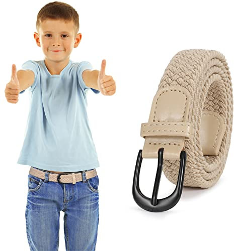 WHIPPY Geflochtener Kinder Gürtel für Jungen Mädchen Elastischer Stoffgürtel Gewebte Stretch Gürtel für Teenager Junioren,Beige,85cm