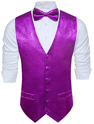 Barry.Wang Lot de 2 gilets à paillettes brillantes pour homme avec col en V et nœud papillon et poches, violet foncé, L