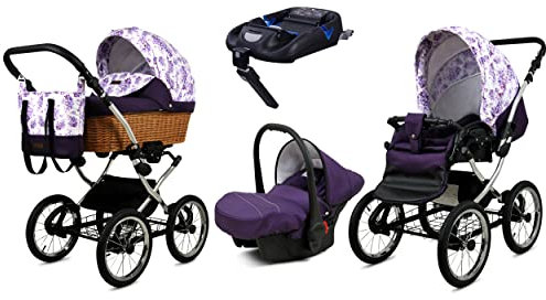 BabyLux Kinderwagen 4in1 mit Autositz für Kleinkinder – Kinderwagen für Neugeborene und Kleinkinder –– Baby Neugeborenen Kinderwagen – ISOFIX Autositzbasis – Max 15kg – Lilac Flowers Silver Frame