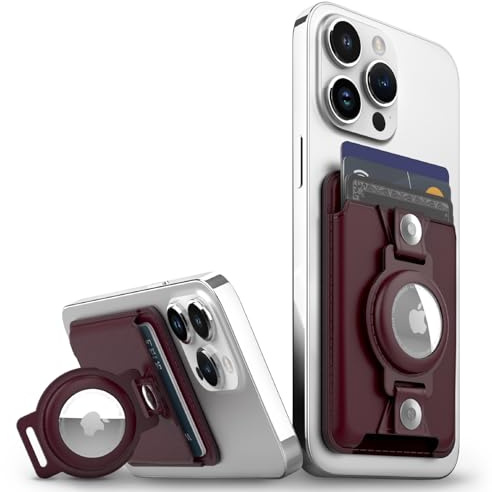 VENA MagSafe Wallet for iPhone with AirTag Holder, Card Holder, RFID Protection, 3-in-1 Detachable Magnetic Leather Case with Kickstand for iPhone 15/14/13/12 Series - Burgundy Red