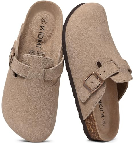 KIDMI Genuine Suede Clogs for Women Cork Footbed Sandals Leather Mules Potato Shoes with Arch Support Taupe 39 (Size 7.5-8)
