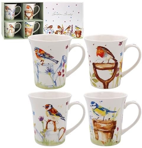 Lesser & Pavey Garden Birds Set of 4 Fine China Mugs Coffee Cups 275ml Floral Microwave Safe