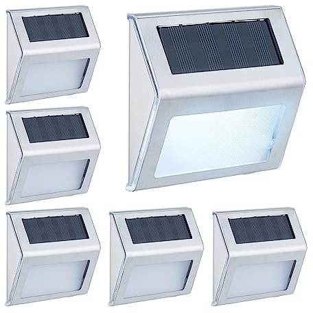 Relaxdays Solarlampen für Wand, 6er Set, Hauseingang & Garten, LED Außenleuchte, IP44, Edelstahl, weißes Licht, Silber, Kunststoff