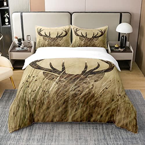 Geweih 100% Baumwolle Bettbezug 200x200 Weißschwanz Hirsch Bettwäsche Hirsch Tröster Bezugsset Ländliche Jagd Thema Bettwäsche Set für Wohnzimmer Schlafzimmer Dekorativ mit 2 Kissenbezüge
