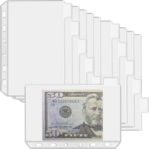 UMSICHT 12 x A7-Ordnertaschen ohne Reißverschlüsse, Budget-Umschläge mit Index-Bit-Design, A7-Ordnertasche für 6-Ringordner, Geldordner, Organizer, transparente PVC-Umschläge, 12 Stück