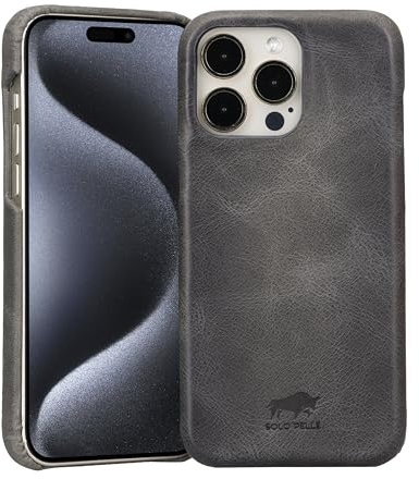 Solo Pelle Lederhülle für das iPhone 15 Pro Max in 6.7 Zoll Princeton Case Leder Hülle Ledertasche Backcover aus echtem Leder (Steingrau)