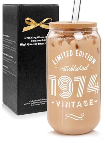 ANOTION 50th Birthday Gift for Her or Him - Borosilicate Glass Cup With Lid and Straw - White Elephant Funny Gift Ideas for Women Men 1974