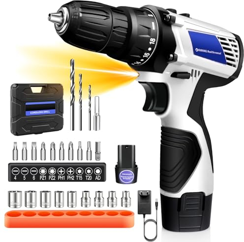 Taladro Inalámbrico 16.8V,Torque Máximo 45 Nm,18+1 Ajustes de Torque,Portabrocas sin Llave 3/8y Luz LED,Taladro Inalámbrico para Reparaciones en el Hogar y Proyectos de Bricolaje