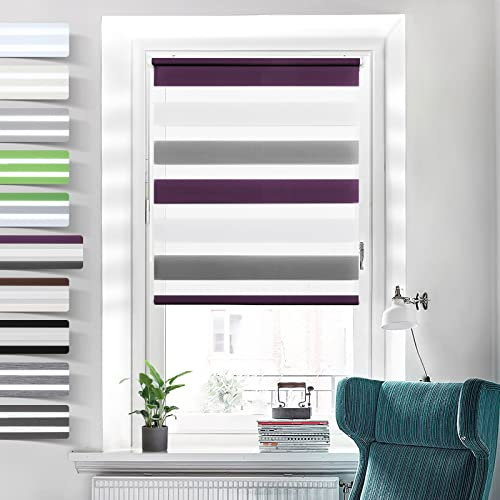 Doppelrollo Klemmfix ohne Bohren Rollos für Fenster ohne Bohren Weiß-anthrazit-lila 60x150cm-Stoffbreite 56cm Klemmrollos Fenster Rollo innen ohne Bohren Lichtdurchlässig