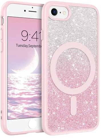 DUEDUE Cover Magnetica per iPhone 7/8/SE 2020/2022[Compatibile con MagSafe], Custodia per iPhone 8/7/SE Case Glitter Sottile Lucida TPU Silicone Anti-Scivolo, Ricarica Wirelesse, Gradiente Rosa