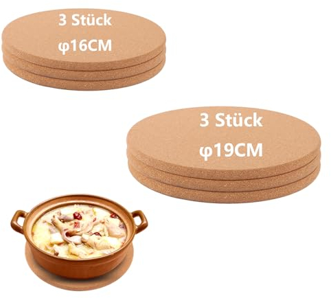 CYEER 6 Stück Topfuntersetzer, Ø16CM&19CM, Korkuntersetzer Rund, Untersetzer Topf, 1cm Dicke Korkuntersetzer Rund Topf, Untersetzer Kork, Korkuntersetzer Pfanne für Töpfe, Auflaufform, Pfannen