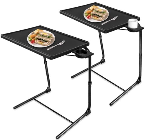 TV Tray Table, TV Dinner Table with 3 Tilt Angles and 6 Height Adjustments, Folding Adjustable Tray Tables with Cup Holder for Eating on Couch, Bed & Sofa, Set of 2