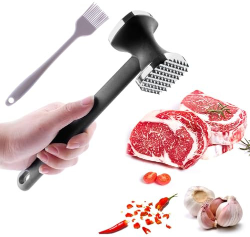 PUWOWYE Marteau Viande Antiadhésif, Attendrisseur de Viande, Attendrisseur à Escalope, Marteau à Double Face, Marteau à Attendrir pour Steak, Poulet, Côtelettes, Argenté, avec Pinceau Cuisine