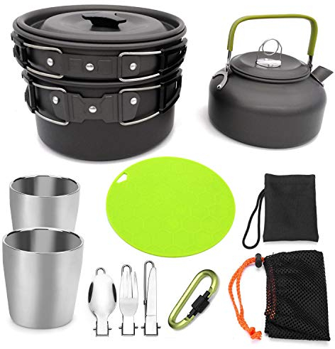 Eighosee 1 juego de 10 ollas al aire libre, sartenes, utensilios de cocina para camping, picnic, antiadherente, con cuchara plegable, tenedor, cuchillo, de hervidor de agua, color negro