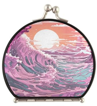 NYYYTTTEU Oeuvre De Vague De Mer De Loup Rose Miroirs de Maquillage Compact Rond Miroir,Petit Pliable Miroirs De Poche pour Femmes Filles
