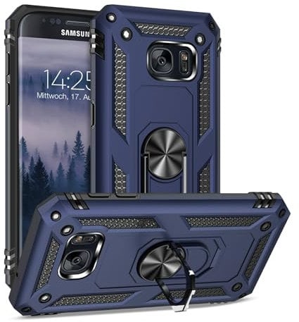 LBH Outdoor Hülle für Samsung Galaxy S7 Armor Militär Stoßfest Handyhülle 360 Grad Metal Ring Halter Ständer Schutzhülle für Handyhalterung Auto Magnet Blau