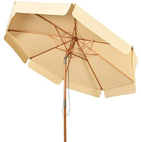 GOPLUS Parasol de Jardin Exterieur 3M, Parasol Inclinable avec 8 Baleines en Bois, Tissu Imperméable, Anti-UV, Parasol de Balcon avec Lambrequin pour Terrasse, Patio, Café, Base Non Incluse (Beige)