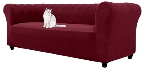 HonunGron Stretch Chesterfield Sofa Überzug 1 2 3 Sitzer, Elasthan Jacquard Couch Überzug, Sofaschutz rutschfest Sofaüberwurf Waschbare Sofabezug für Gebogene Sofa Sessel (Wein Rot,3 Sitzer)