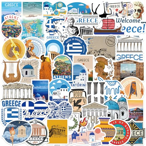 PNGIF Griechenland Aufkleber 50 Stück, Wasserfeste Klein Vintage Sticker für Journal Koffer Scrapbook MacBook Kindle Skateboard Laptop Motorrad