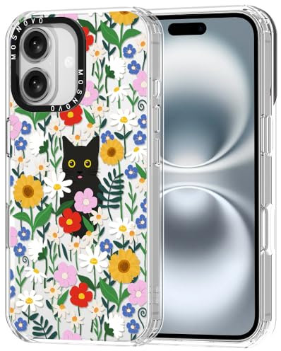MOSNOVO Case for iPhone 16, [Buffertech 6.6ft Military-Grade Drop Protection] [Anti Peel Off Tech] Clear TPU Bumper Phone Case Cover Design - Black Cat in Garden