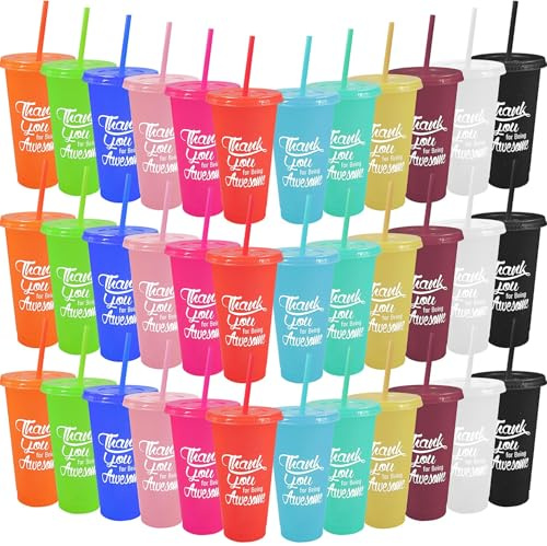 ASMIZ 36 Pcs Thank You Plastic Cups with Lid and Straw, 24 oz Employees Appreciation Gifts Bulk, Reusable Glitter Drinks Tumbler Coloured Iced Coffee Cup Travel Mug for Xmas, Christmas