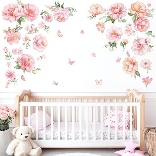 decalmile Stickers Muraux Fleurs Pivoine Rose Autocollant Mural Floral Aquarelle Feuilles Papillon Décoration Murale Chambre Enfants Bébé Salon TV Mur