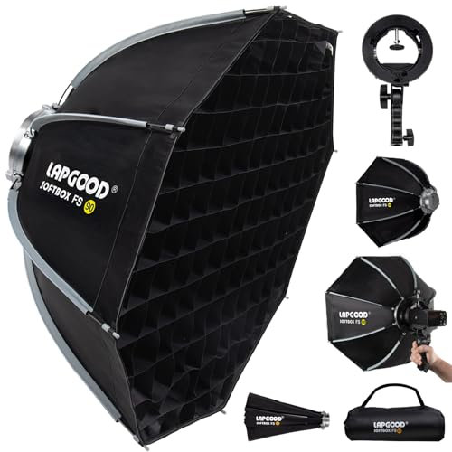 Bowens Mount Softbox 90cm LAPGOOD FS90 Softboxen, Quick Release Faltbare Softbox mit Honeycomb Gitter, S-Typ Blitzhalterung und Tragbartasche, Soft Box für Studio Photography Video Blitz