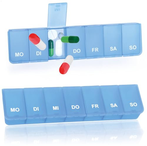 com-four® 2x Medikamentendosierer - Medikamenten-Box für 7 Tage - Tablettenbox - Pillendose - Tablettendose - Wochendosierer zur Aufbewahrung (02 Stück - blau)