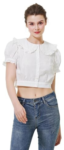 BEAUTELICATE Women's Summer Crop Blouse 100% Cotton Cool Peter Pan Collar Cute Top Short Puff Sleeves Button Down Shirt Off White, XL