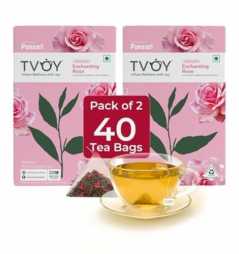 TVOY Natural Rose Green Tea, Biodegradable Delightful Rose Flavor Teabags | Whole Leaf Green Tea, Delightful Falvorful Tea, Individually Wrapped Low Caffiene Pyramid Tea Bags Pink 40 count (pack of 2)