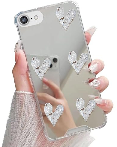Miagon Spiegel Hülle für iPhone 8/7/SE 2020/2022/2023,Schutzhülle Nette Silber Chrom 3D Liebe Herz Backcover Überzug Mirror Makeup Handytasche Stoßfeste Protective Bumper