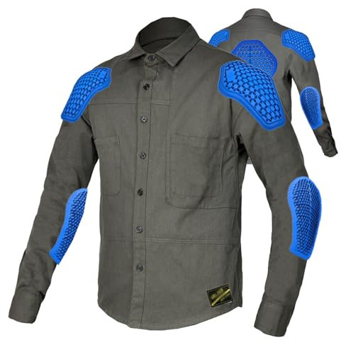 QIYUANT Camisa de Moto Hombre Casual Chaqueta de Motociclista con Juego de 5 Protecciones de Silicón Removibles (Verde, L)